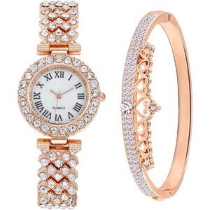 Elegant Rose Gold Crystal Women’s Watch and Bracelet Set – Sparkling Elegance